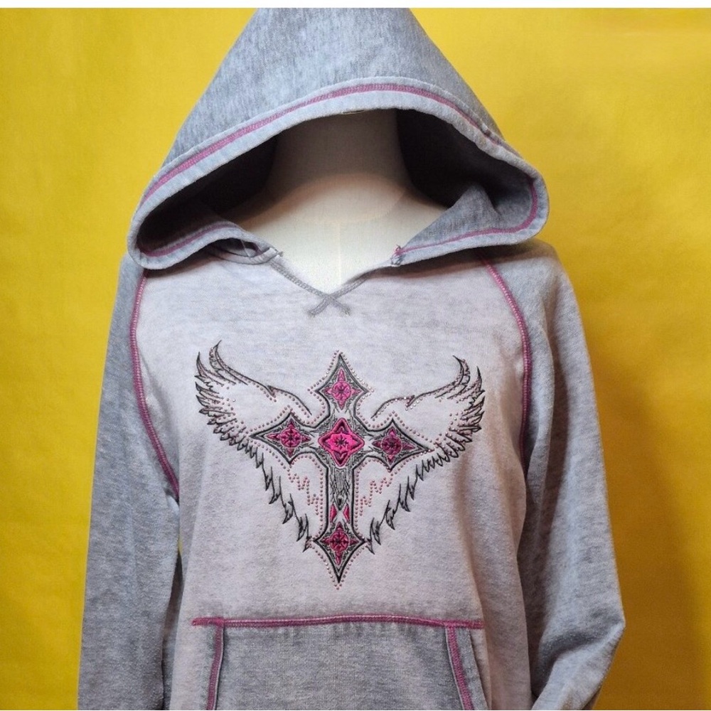 Gray and Pink Hooded Sweatshirt with Cross Design by Cowgirl Hardware. - Picture 7 of 7